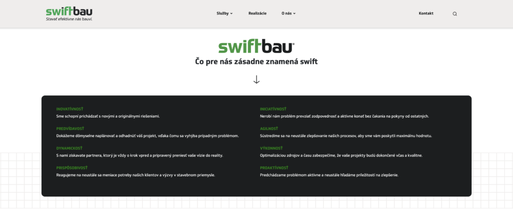 Zoznam atribútov spoločnosti, ktoré má nová značka swiftbau reprezentovať.